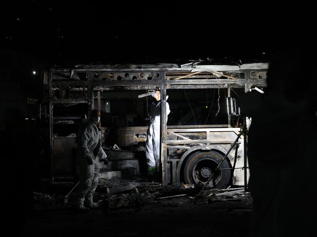 Security forces and bomb disposal units are deployed to the scene of a bus explosion in Bat Yam. Picture: AFP