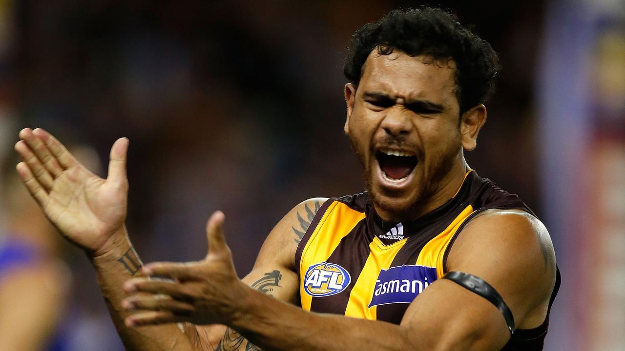 Cyril Rioli celebrates a goal for Hawthorn in 2016. Picture: Getty Images