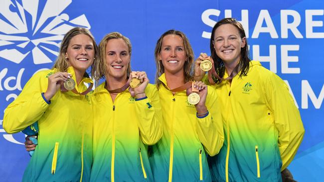 Shayna Jack with fellow Aussie gold medallists Bronte Campbell, Emma McKeon and Cate Campbell during last year’s Commonwealth Games. Picture: AAP