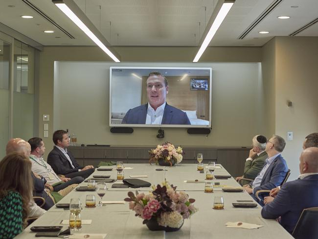 EMBARGO FOR THE LIST 2021 FEE APPLIES Melbourne February 23rd 2021Weekend Australian Magazine Rich List Round Table Lunch at Wingate offices 101 Collins StreetTim Gurner, Sam Tarascio (Green Lanyard), William Deague, Paul Blackburne (Video) and Nick Georgalis (White Shirt)Photo by Josh Robenstone