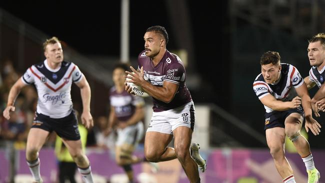 Dylan Walker of the Sea Eagles makes a break during the NRL Semi-Final match between the Manly Sea Eagles and the Sydney Roosters at BB Print Stadium on September 17, 2021 in Mackay, Australia.