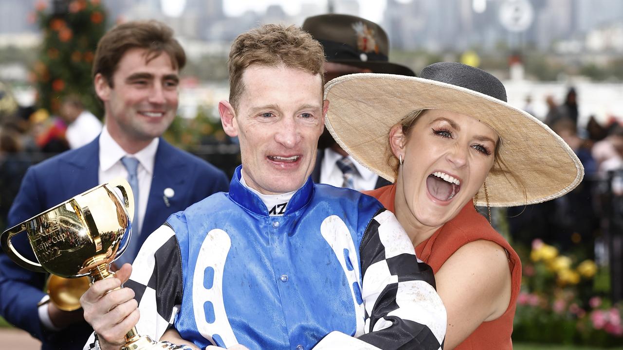 MELBOURNE, AUSTRALIA - NOVEMBER 01: Mark Zahra celebrates after riding Gold Trip to win race 7 the Lexus Melbourne Cup during 2022 Melbourne Cup Day at Flemington Racecourse on November 01, 2022 in Melbourne, Australia. (Photo by Darrian Traynor/Getty Images)
