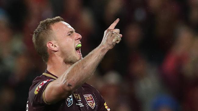 Daly Cherry-Evans celebrates his try for Queensland in State of Origin three. Picture: Peter Wallisme 3 of the State of Origin series at Suncorp Stadium in Brisbane. Pic Peter Wallis