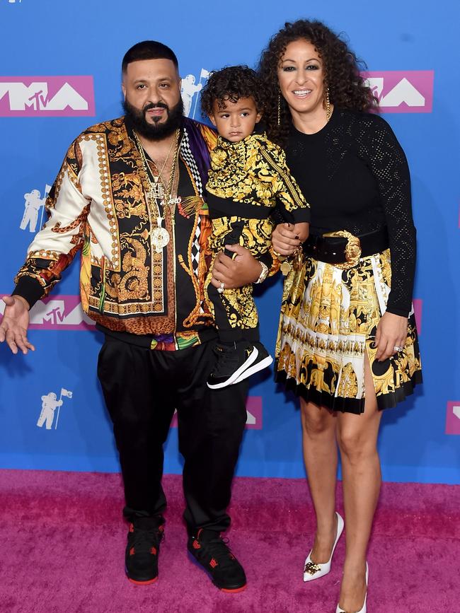 Family act! DJ Khaled, Asahd Khaled, and Nicole Tuck. Picture: AFP