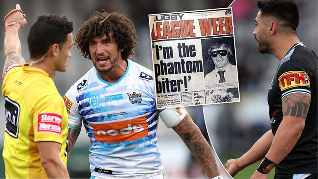 Kevin Proctor was sent off for allegedly biting Shaun Johnson, and (inset) the cover of Rugby League Week magazine where Tommy Raudonikis ousted himself as the phantom biter.