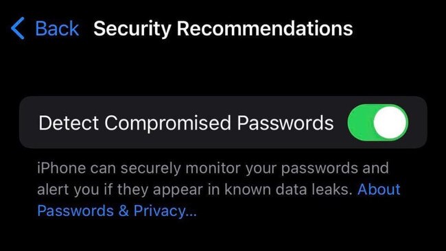 iPhones will have this function activated by default which will reveal which passwords have been leaked. Picture: Aced I.T