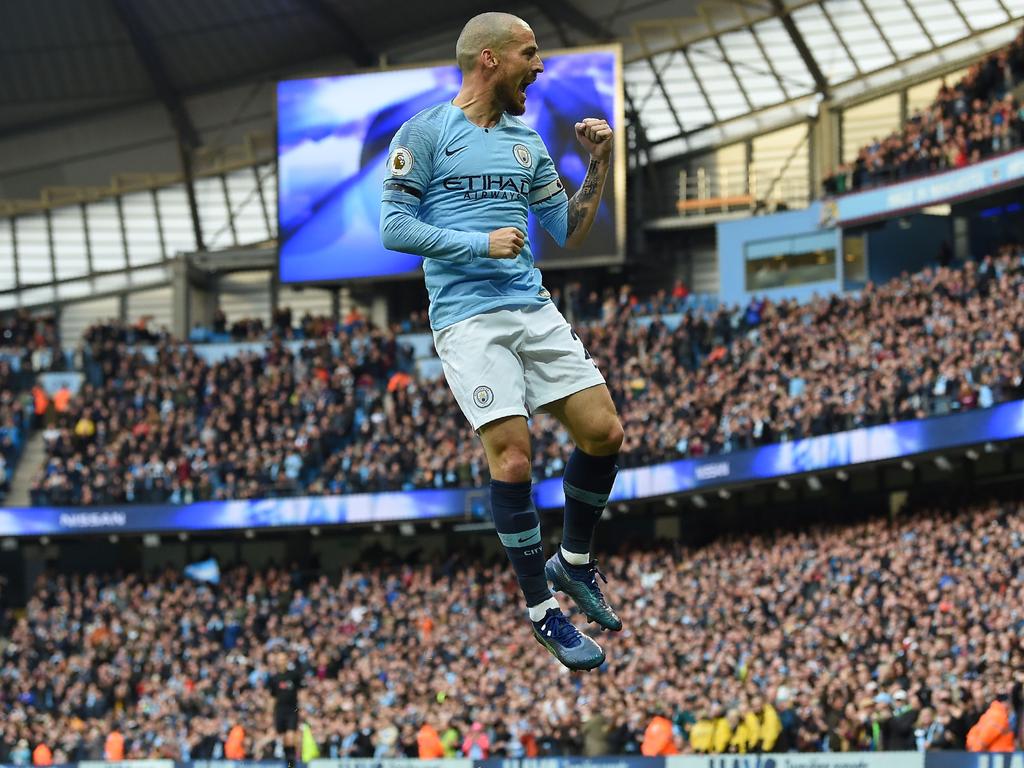 David Silva gets some hang time after scoring against Southampton.