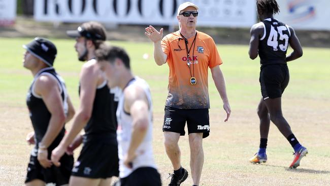 Ken Hinkley directing traffic during Port Adelaide’s pre-season camp in Noosa. Picture: Sarah Reed.