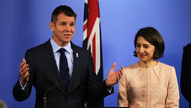 NSW Premier Mike Baird and Treasurer Gladys Berejiklian announce the successful consortium to win the lease of NSW Transgrid electricity network. The Australian-led consortium consists of Hastings, Spark Infrastructure, Tawreed Investments, a Canadian Pension fund and Wren House Infrastructure. Picture: Toby Zerna