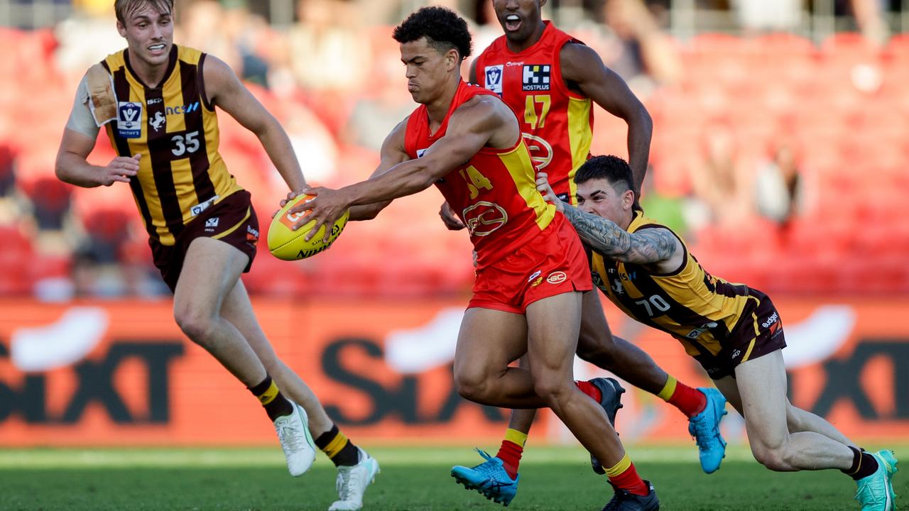 Suns Academy star Leonardo Lombard could go in the first round of this year’s AFL draft. He played in the Suns’ VFL grand final triumph last year as a 16 year old. Picture: Getty Images