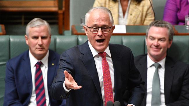 Prime Minister Malcolm Turnbull during Question Time in the House of Representatives, with Christopher Pyne, right. Picture: AAP