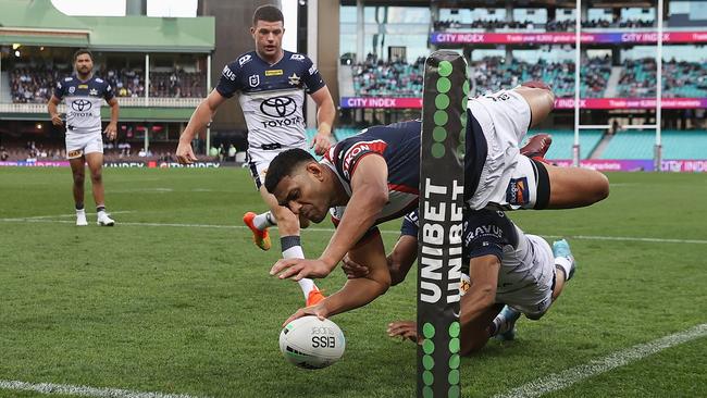 Daniel Tupou scored an acrobatic try against the Cowboys. Picture: Cameron Spencer/Getty Images