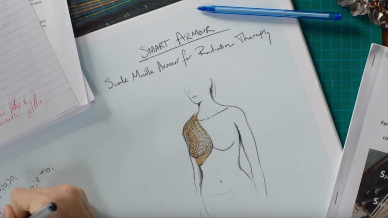 Macinley's sketch of how a SMART Armour shield sits on a woman's body during cancer treatment. Picture: YouTube