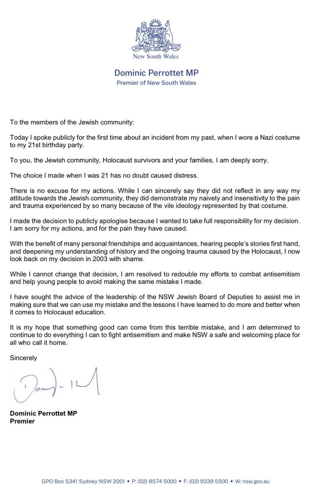 Dominic Perrottet’s letter to Jewish community.