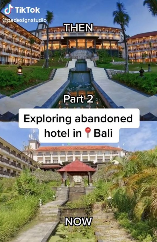 Ms Andriulyte shared a TikTok video of an abandoned hotel in Bali including before and after pictures to show how it once looked, compared to now. Picture: TikTok/padesignstudio