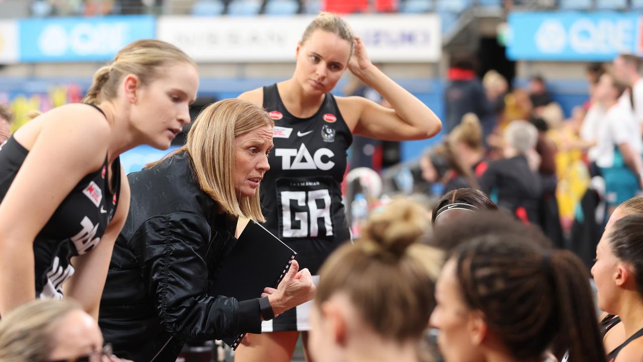 Nicole Richardson talks to her players during a time-out. Picture: Jenny Evans