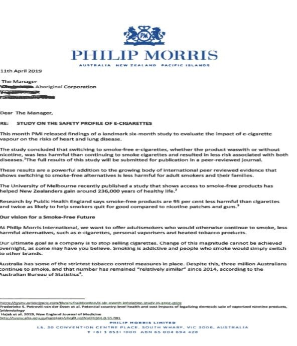 A 2019 letter from Philip Morris International showing Philip Morris is actively recruiting new customers from the Aboriginal community.