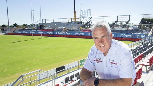 Dolphins CEO Tony Murphy in front of the new Northern stand being constructed in 2020 at Dolphin Stadium. Picture: Renae Droop