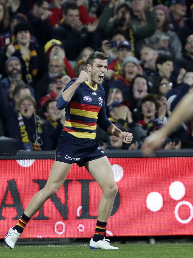 Paul Seedsman celebrates a round 18 goal against Melbourne in 2019. Picture Sarah Reed