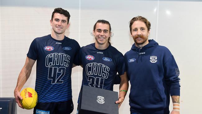 Geelong’s Irish Cats Mark O'Connor, Oisin Mullin and Zach Tuohy. Picture: Getty Images