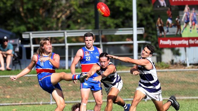 Bulldogs' Mitchell Culpitt and Luke Morgan, Crocs' Zachary Beckman and Brett McKeown. Picture: Stewart McLean