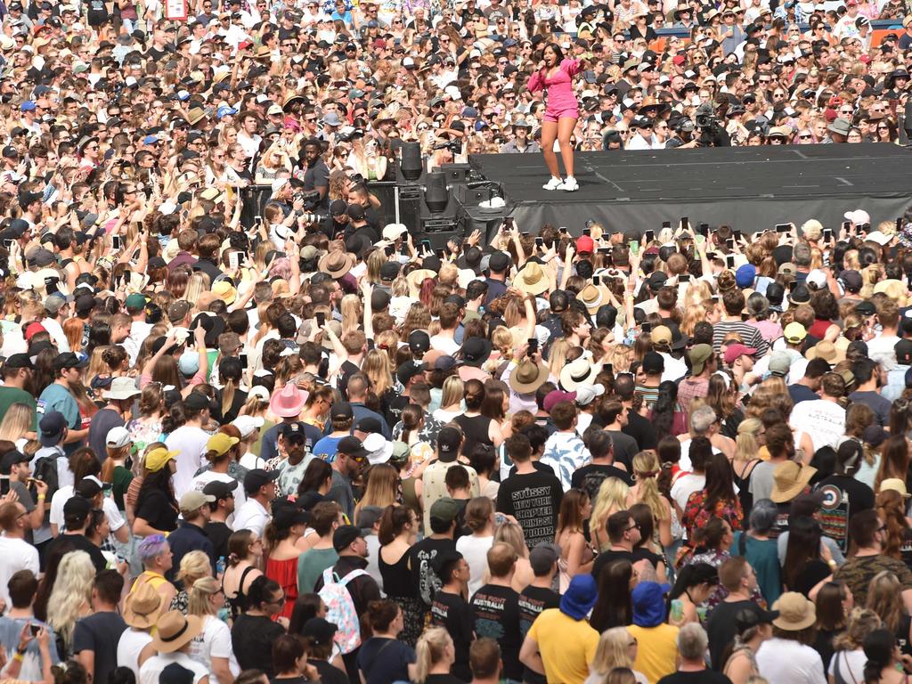 The stage is mobbed as Jessica Mauboy begins her set. Picture: AFP