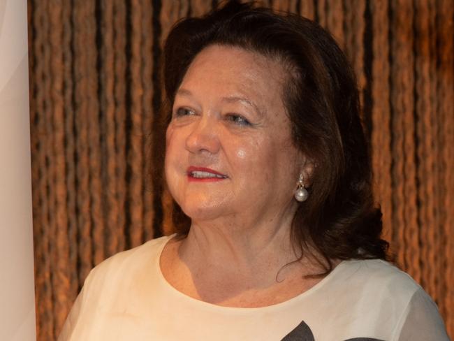 Hancock Prospecting executive chair Gina Rinehart and Hancock Agriculture CEO Adam Giles at the Meat and Wine restaurant in Mayfair, London. 26th June 2023. Picture: Lionel Derimais