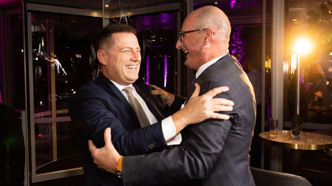 Karl Stefanovic and David Koch shared a warm moment at the Crown Sydney x Vivid event. Picture: Scott Elher Photography