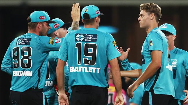 Brisbane Heat players celebrate a wicket as they storm in the final on the back of seven wins in their final eight matches. <a href="/sport/cricket/big-bash/bbl-news-cricket-australia-examines-ways-to-reduce-dominance-of-perth-scorchers-sydney-sixers/news-story/19bb221a5599dea8ba9241288de17ba7" target="_blank"></a>