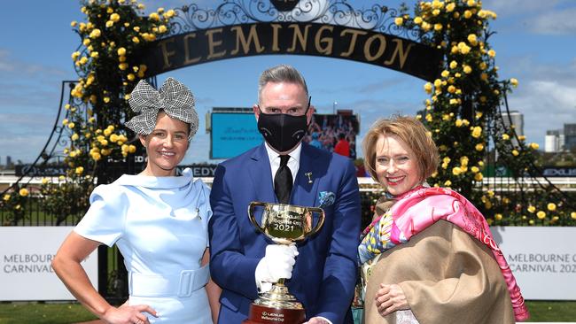 Jockey Michelle Payne, VRC Chairman Neil Wilson and horse trainer Gai Waterhouse. Picture: NCA NewsWire / Paul Jeffers.