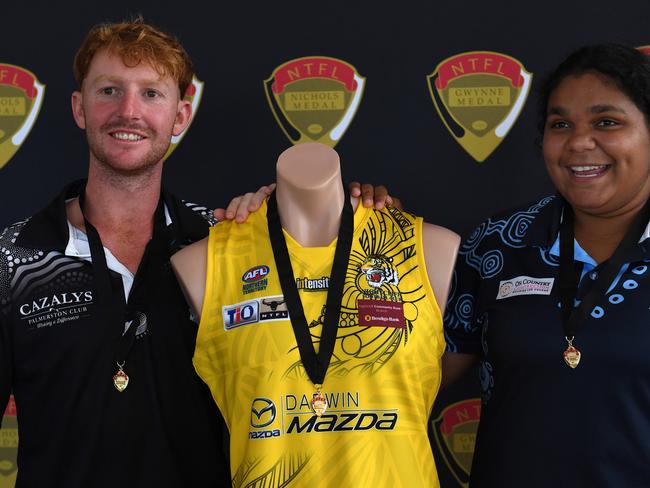 Eric Guthrie and Molly Althouse stitch up Nightcliff's Daniel Bowles after he failed to appear at a Nichols Medal media event. Picture: (A)manda Parkinson.