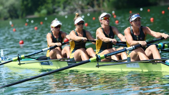 Situated behind South Australia's Molly Goodman is Sarah Hawe, Katrina Werry and Lucy Stephan. Picture: Rowing Australia