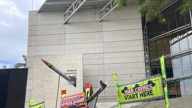 Anti AUKUS Labor members protested outside the ALP conference on Friday. Picture: NCA NewsWire