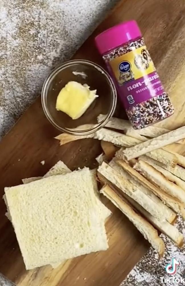 The US food blogger decided to cut off the crusts in the fair bread demo. Picture: TikTok/@theforeignfork.