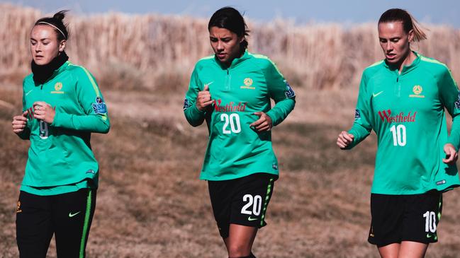 Matildas stars (l-r) Caitlyn Foord, Sam Kerr and Emily van Egmond all play in the US. Picture: Rachel Bach.