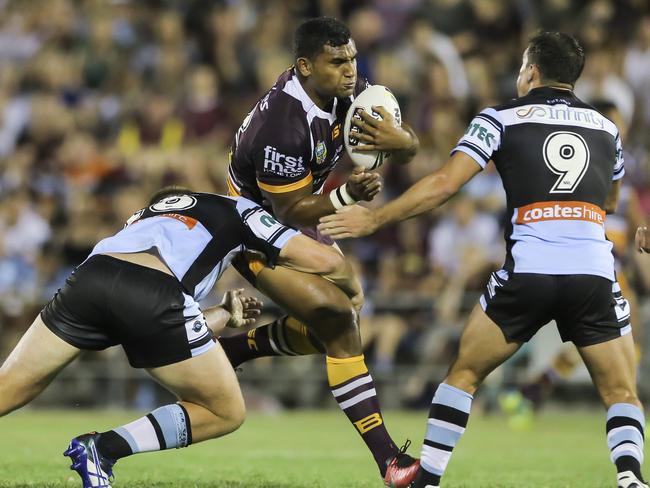 Tevita Pangai Jnr charges into the Sharks defence. Picture: Mark Cranitch.