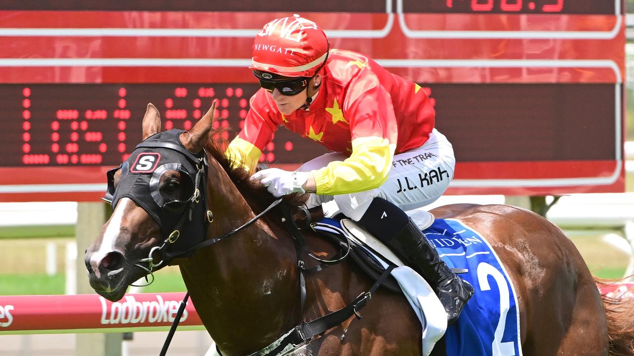 Sovereign Fund skips clear to win the 2YO Handicap at Doomben under jockey Jamie Kah. Picture: Grant Peters - Trackside Photography