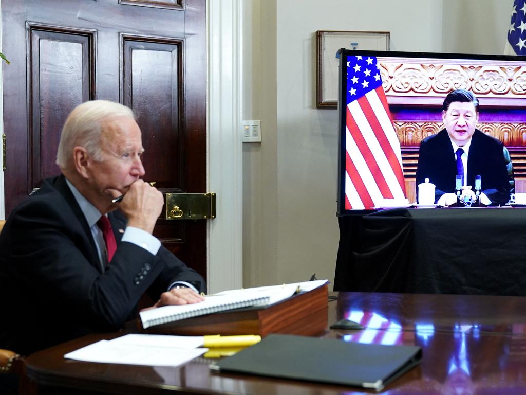 US President Joe Biden meets with China’s President Xi Jinping during a virtual summit from the Roosevelt Room of the White House in Washington, DC. Picture: Mandel Ngan/AFP