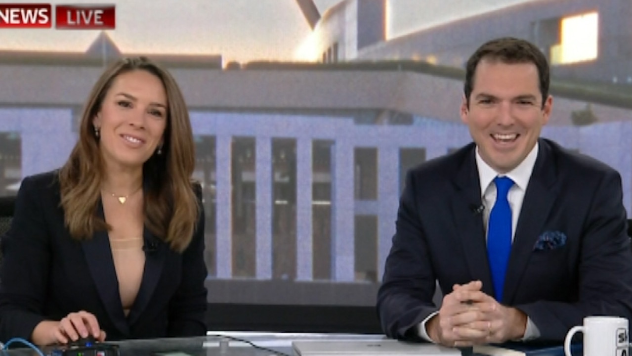 ‘Good morning, bro.’ Laura Jayes and Peter Stefanovic on Sky News' First Edition today. Picture: Sky