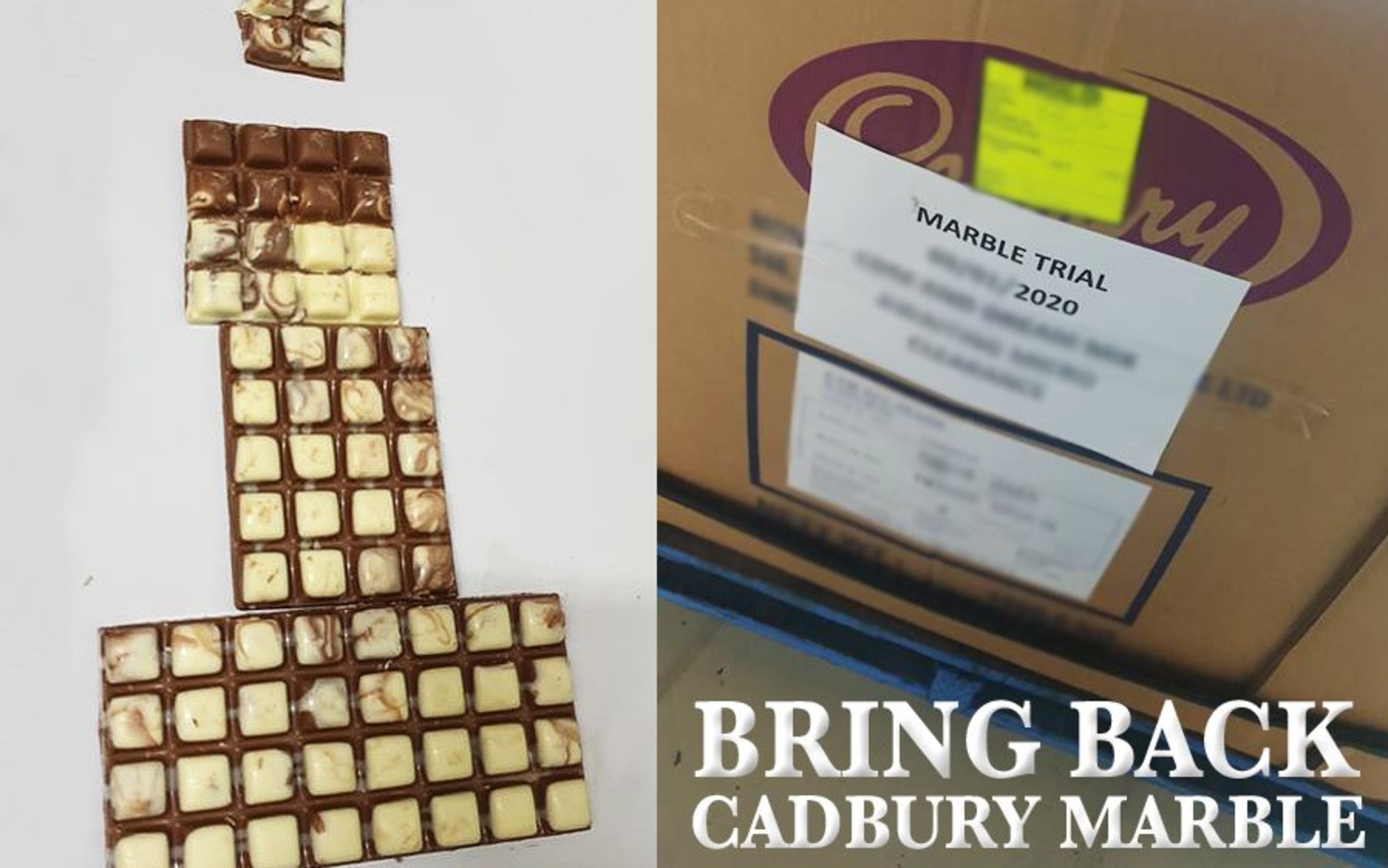 This photo is apparently ‘proof’ Cadbury Marble is returning to shelves in 2020 after an eight-year absence. Picture: Facebook/Bring Back Cadbury Marble