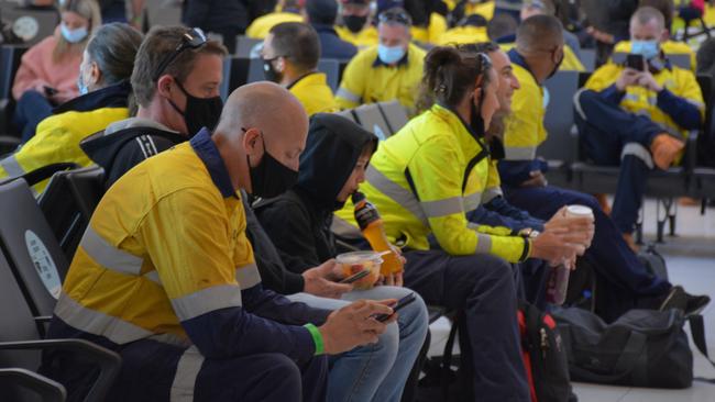 FIFO workers at Perth Airport. Picture: Rebecca Le May/NCA NewsWire