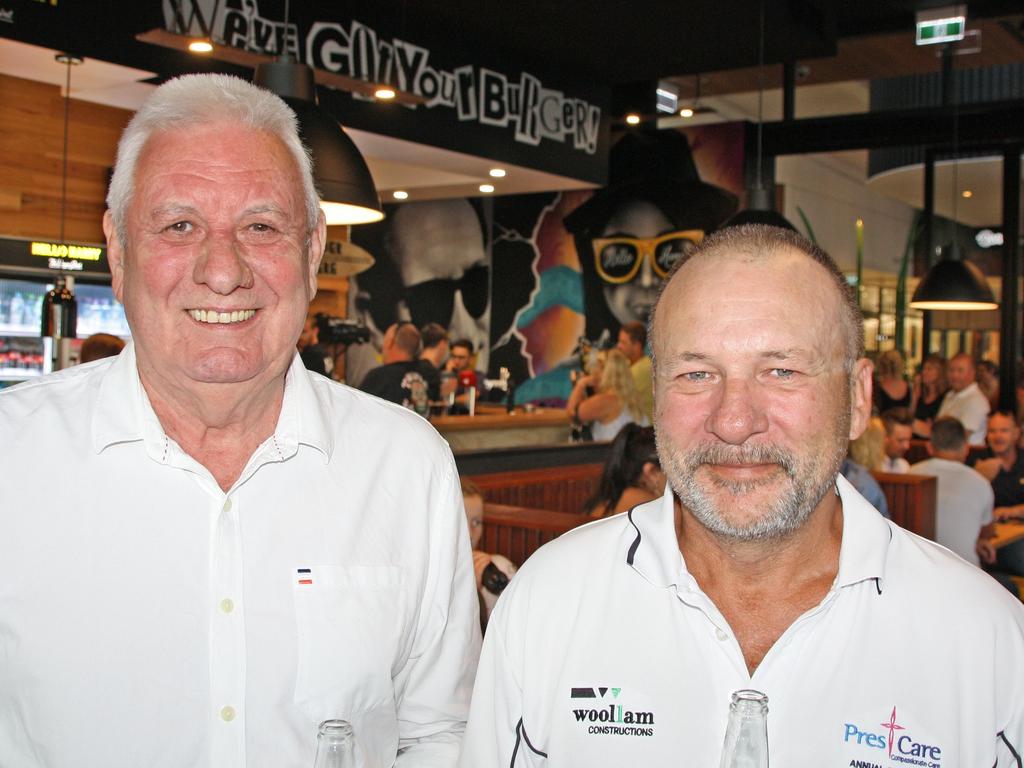 David Loveday and Rob McCue at the opening of the new Hello Harry burger franchise at Birtinya.