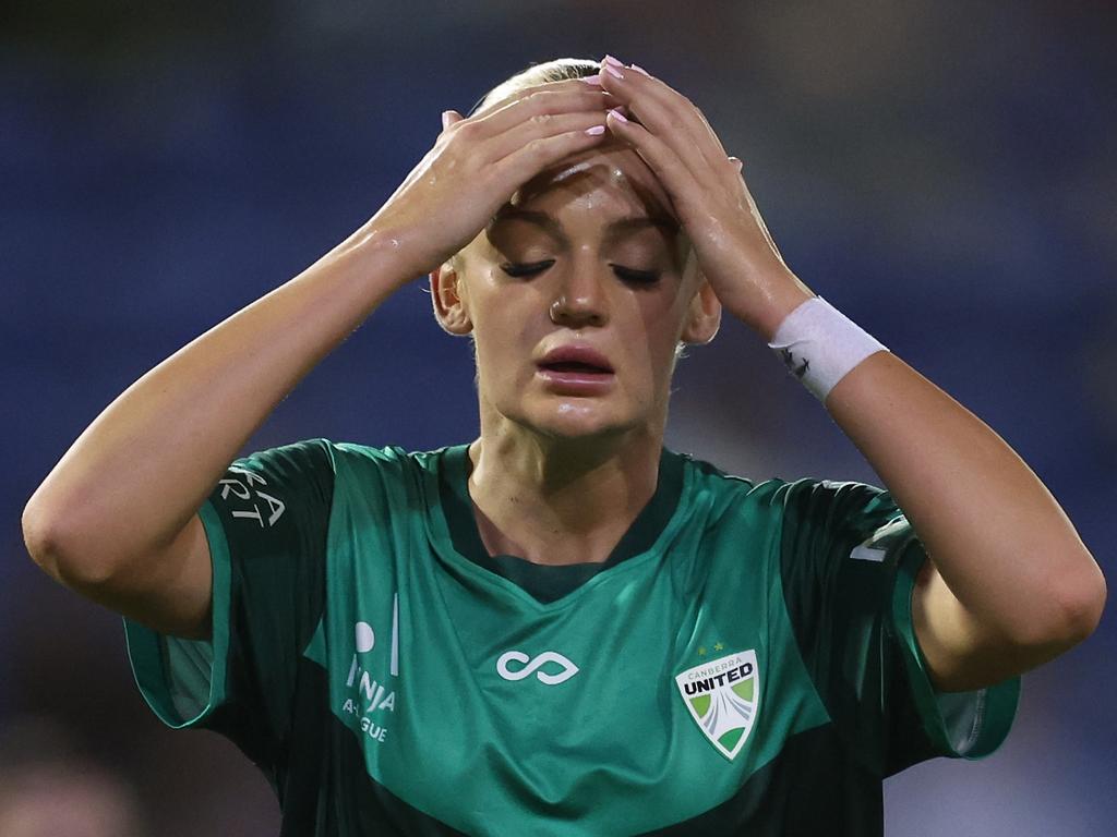 Maja Markovski of Canberra United reacts to a missed shot on goal during the round 13 A-League Women's match between Newcastle Jets and Canberra United at McDonald Jones Stadium, on January 25, 2025, in Newcastle, Australia. Picture: Getty Images