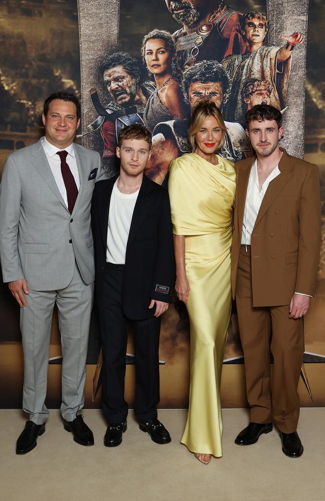 (Left to right) Producer Michael Pruss and actors Fred Hechinger, Connie Nielsen and Paul Mescal pose for a photo at the Sydney Gladiator II premiere. Picture: Brendon Thorne/Getty Images for Paramount Pictures