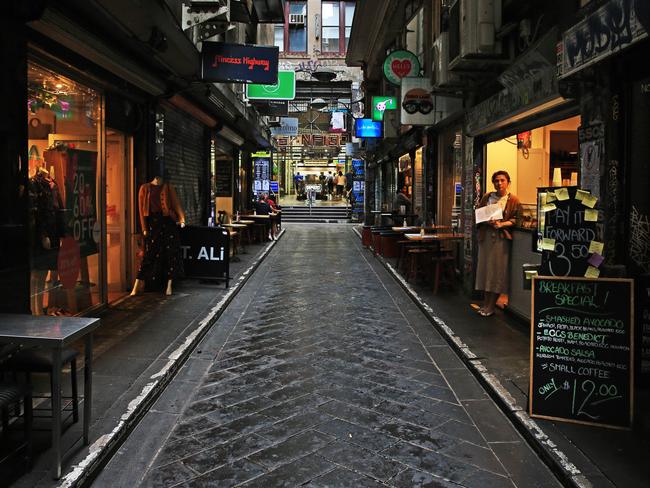 22/03/20 Popular brunch location Degraves street in Melbourne virtually empty. The normally busy cafe strip easily has hundreds of people walking through, eating and socializing. One cafe owner told me if restaurants and bars are to close they would rather the government do it now rather than drag it on. Aaron Francis/The Australian