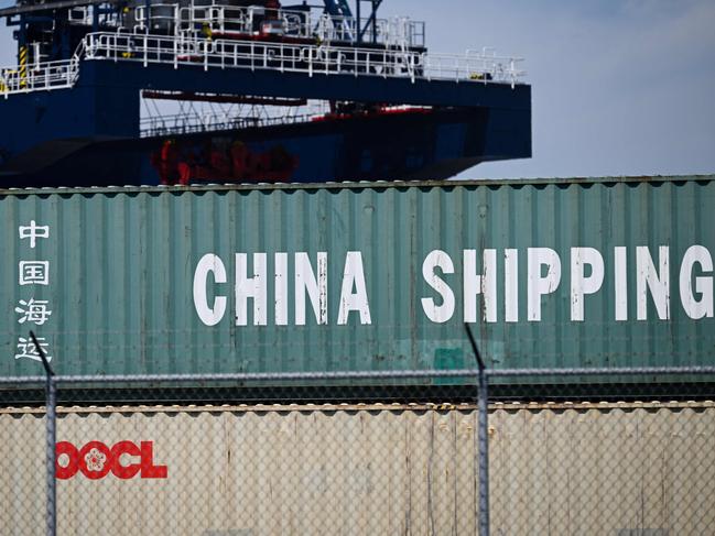 A China Shipping cargo container sits in Long Beach, California. on April 10, 2025. US President Donald Trump's top economic adviser Kevin Hassett said Trump and Xi would speak “this week.” Picture: AFP