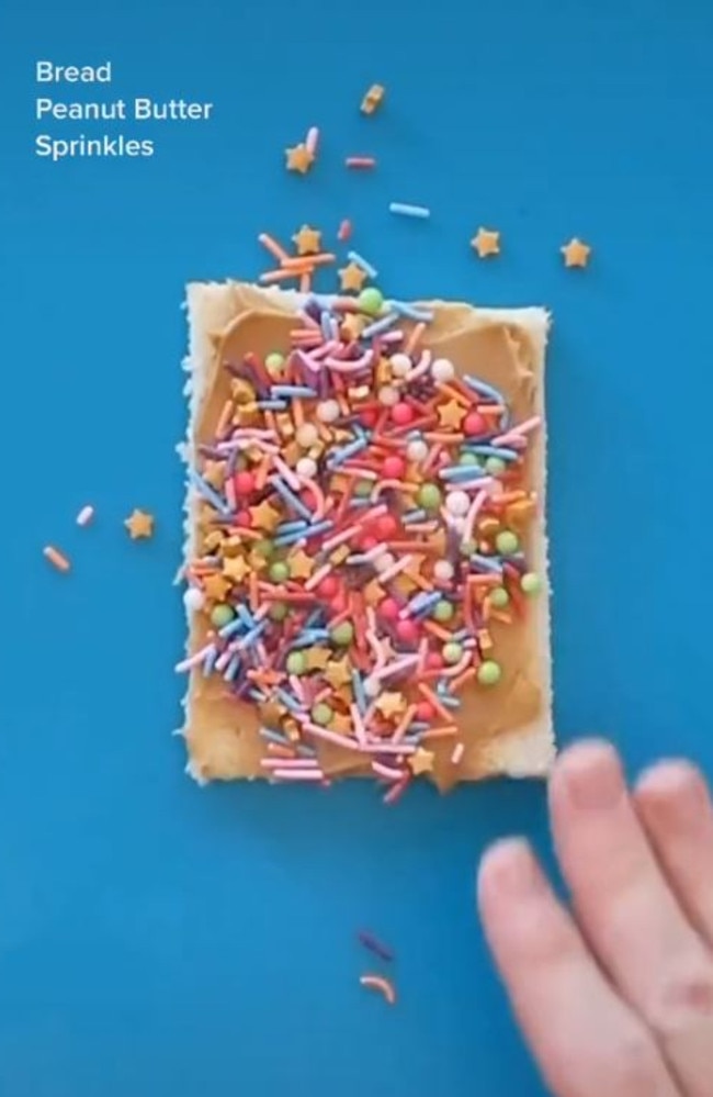 He then drops chunky sprinkles on top. Picture: TikTok/Lunchboxdad