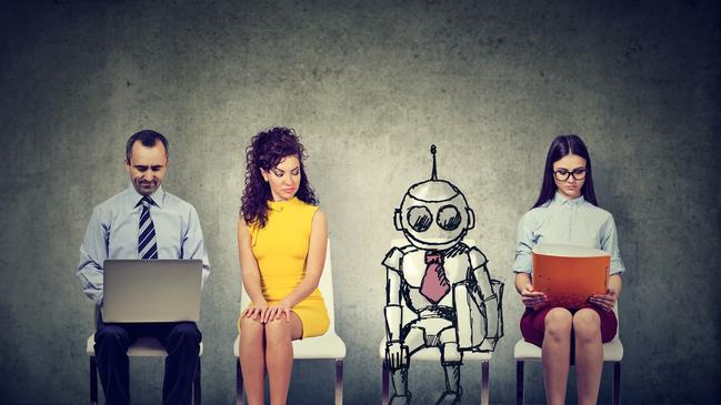 Cartoon robot sitting in line with applicants for a job interview