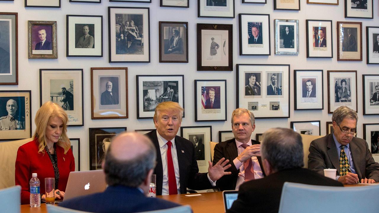 From left; Kellyanne Conway, President Trump, New York Times Publisher Arthur Sulzberger Jr., and vice chairman of The New York Times Company Michael Golden appear during a meeting with editors and reporters at The New York Times building, on November 22, 2016 in New York. Picture: AP