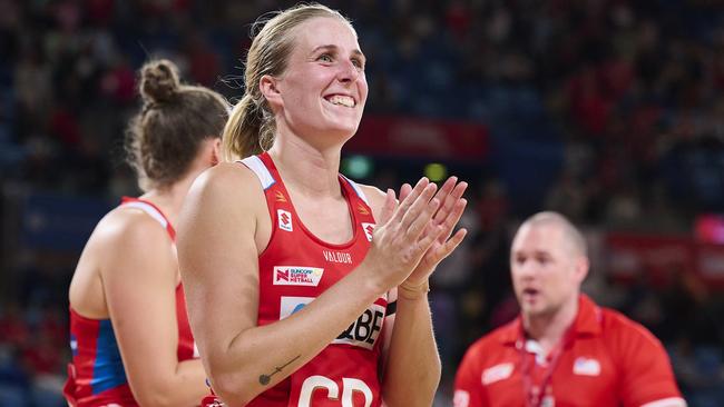 SYDNEY, AUSTRALIA - APRIL 21: Maddy Turner of the Swifts celebrates victory during the round two Super Netball match between NSW Swifts and Melbourne Mavericks at Ken Rosewall Arena, on April 21, 2024, in Sydney, Australia. (Photo by Brett Hemmings/Getty Images)